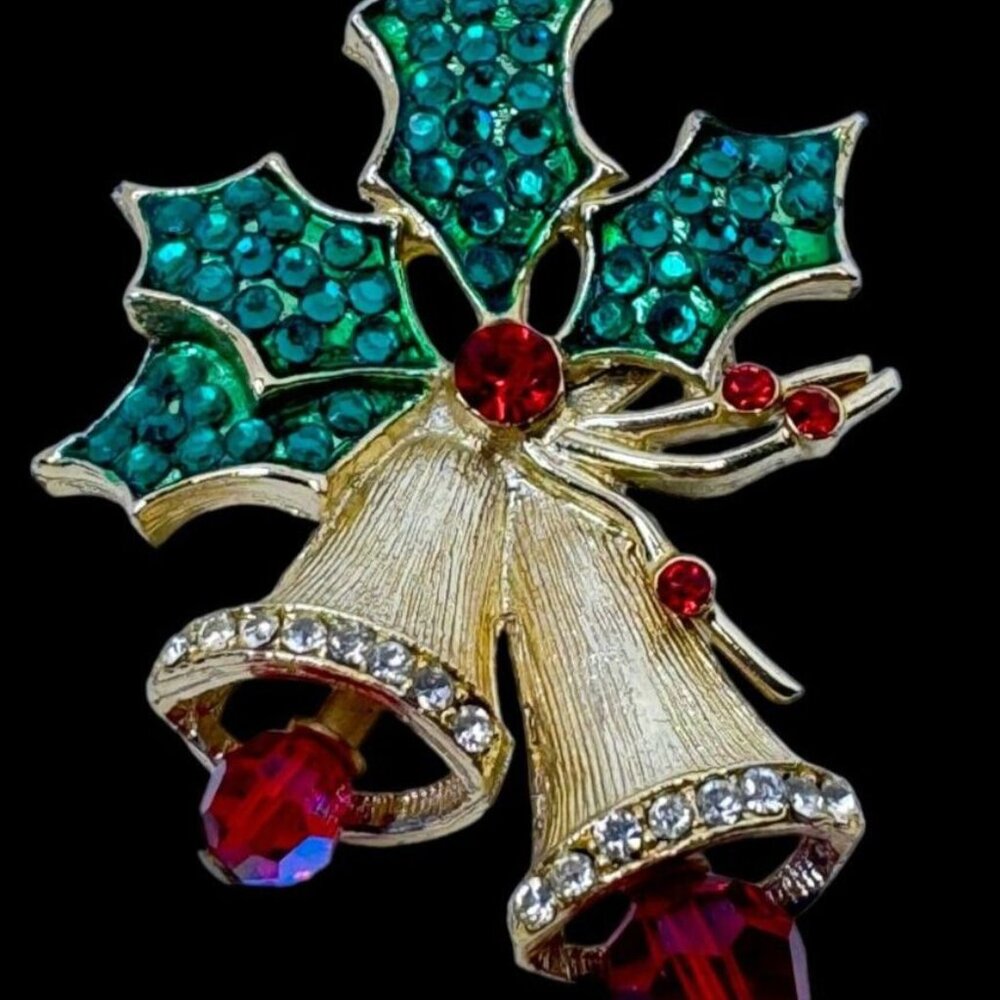 Beatrix Christmas Bells Brooch Pin Vintage Jewelry Green Holly Red Berry Sparkle